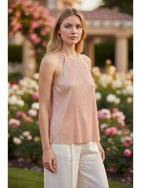 Worthington Womens Large Pink Metallic Pleated Halter Top Sleeveless Elegant NEW